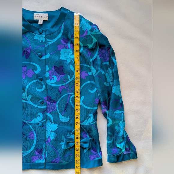 Vintage Adrianna Papell 100% Silk Teal Purple Floral Blouse Jacket Size 12 - Picture 15 of 16